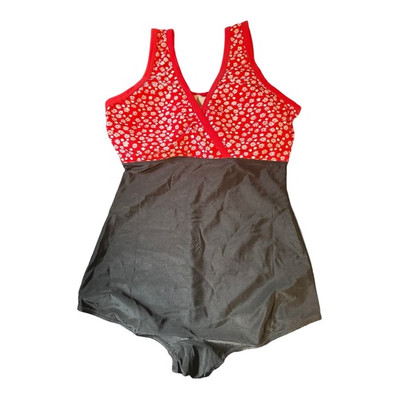 Vintage Swimsuit One Piece Red Floral with Black Bottom Nylon/Spandex - Picture 2 of 3